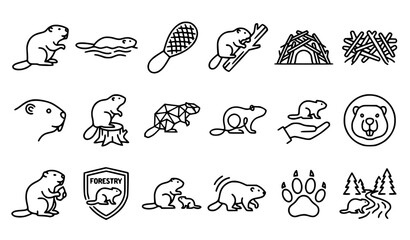 Obraz premium Beaver Wildlife and Forestry Management Icon Set Line Art Vector Illustration Pack for Nature Conservation and Wood Industry Design