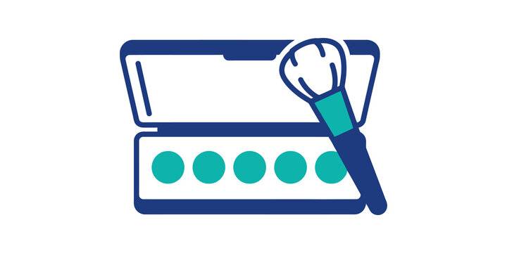 Makeup palette flat icon with blue and teal brush for beauty cosmetics.