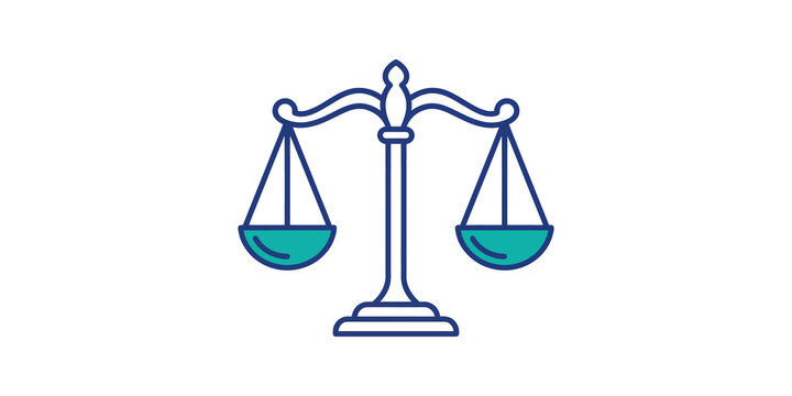Justice scale flat icon with blue and teal design for legal law firms.