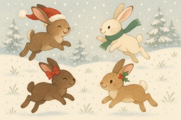 Naklejka premium Playful bunnies in snowy landscape.