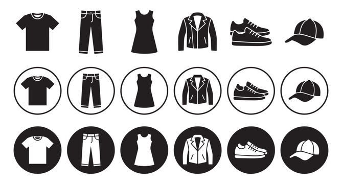 Clothing silhouettes including t shirt shorts dress blazer sneakers and cap on white
