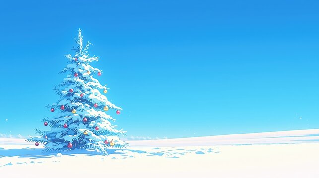 雪原に立つクリスマスツリーと澄んだ青空の冬景色
