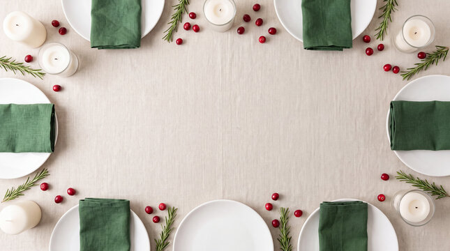 Winter holiday dining table setup featuring plates, green napkins, candles, cranberries, and rosemary on a linen tablecloth