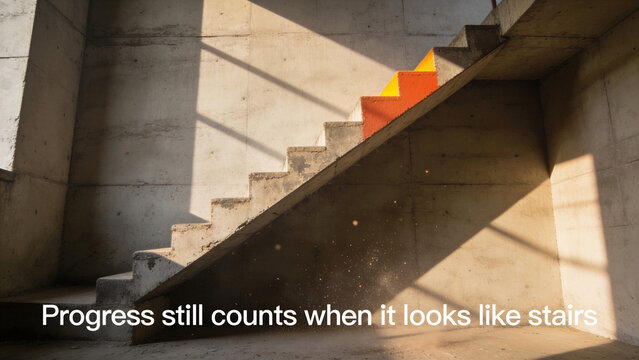 Concrete staircase with painted orange steps under text quote "Progress still counts when it looks like stairs". Motivational quotes on gradual success.