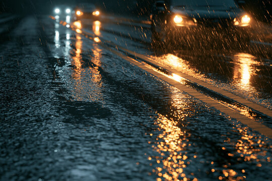 Rainy Night Driving with Car Headlights on a Wet Road