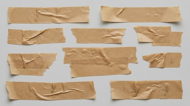 Realistic Adhesive Brown Packaging Tape Strips Collection with Torn Edges and Wrinkles for Creative Design Mockup tape adhesive scotch brown sticky piece strip torn crumpled collectionvector