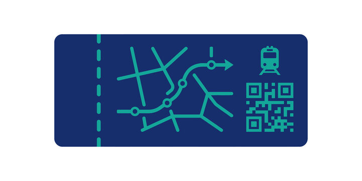 Train ticket with route map and qr code icon for transit ticketing.