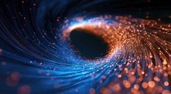 Swirling blue and orange fiber optics creating a vortex effect with glowing particles