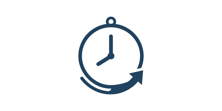 Clock with circular arrow blue flat icon indicating time tracking service.