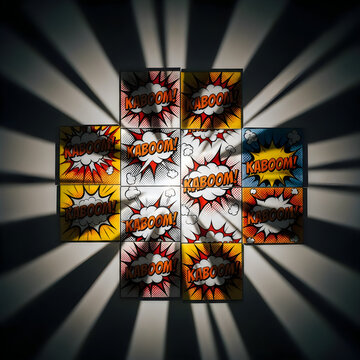Dramatic Kaboom Comic Art Panels with Energetic Light Rays Background