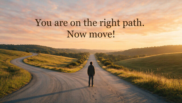 Man standing at a country road fork at sunset with text quote "You are on the right path. Now move!". Motivational quotes on decision making and action.