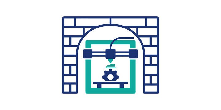 3d printer inside brick archway flat icon for manufacturing technology art.