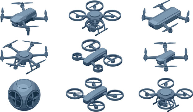 Isometric flying drone vector icons set with quadcopter hexacopter and delivery unmanned aerial vehicle models for technology concepts