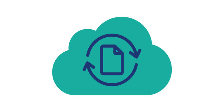Cloud document sync icon with teal cloud and blue file refresh graphic.