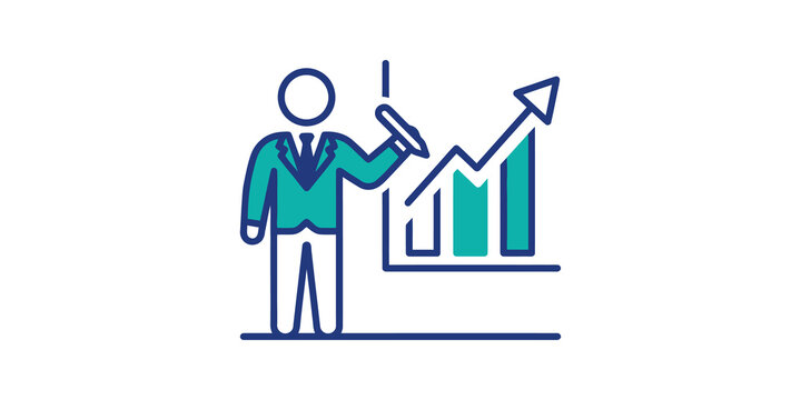 Business analyst icon with blue person drawing profit chart growth trend.
