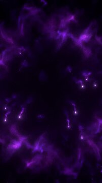 Bright purple energy burst radiates glowing particles and light rays from a central core on a dark background. Smooth animated scene for media, visual effects and digital presentations.