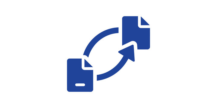 Document exchange icon with blue arrows showing file transfer sync process.