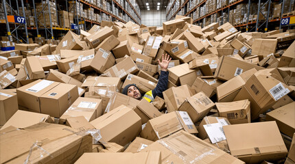 Naklejka na ściany i meble Warehouse worker buried under mountain of cardboard boxes. Logistics employee trapped in pile of packages at distribution center.