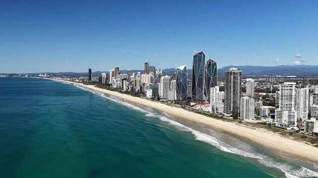 Surfers Paradise drone flight along the beachfront skyline and coastline, Gold Coast, Queensland Australia