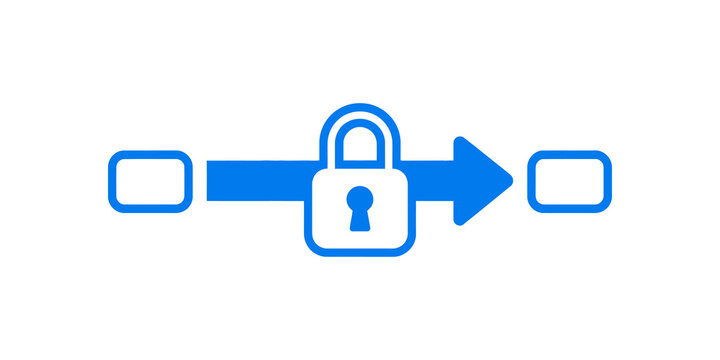 Blue secure transfer icon with arrow and padlock for data encryption.