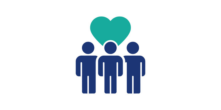 Teal heart above blue group of people icons for social community use.