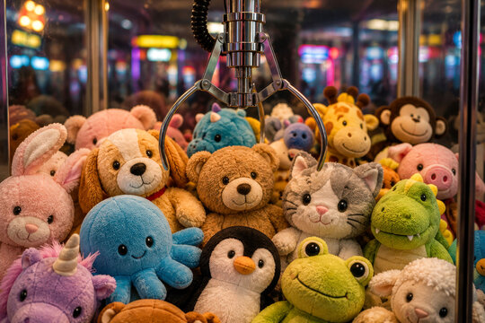 Colorful Plush Toys Inside Arcade Claw Machine Ready to Be Won