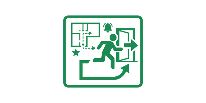 Emergency exit map icon with evacuation route and running man sign.