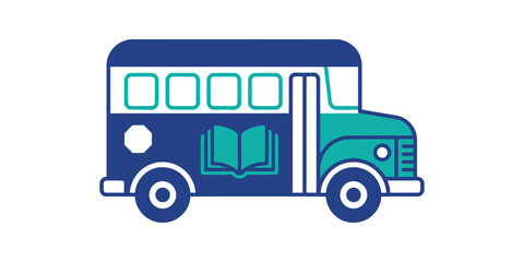 Blue and teal school bus with book logo for educational transportation. © SAJID