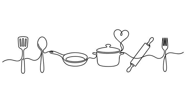 Kitchen Utensils Continuous Line Art Illustration