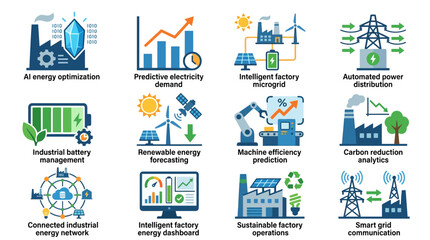 Fototapeta premium Industrial Energy Optimization and Smart Factory Icon Set