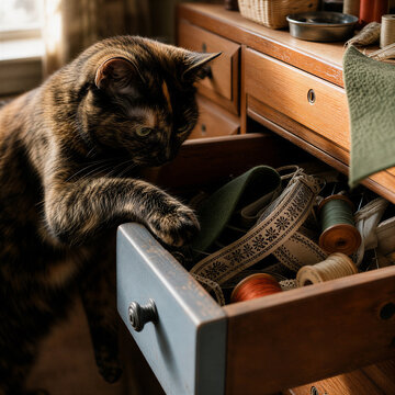 Tortoiseshell cat reaching paw into an open drawer with sewing supplies. Curious feline exploring wooden cabinet filled with thread and ribbons. Pets in secret hideouts concept