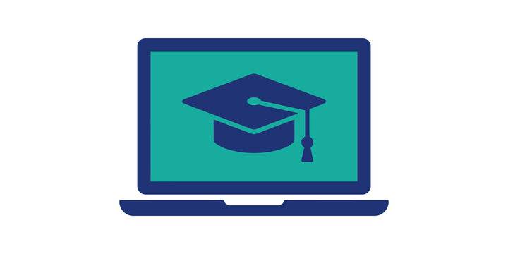 Graduation cap on laptop screen blue flat icon for distance learning app.