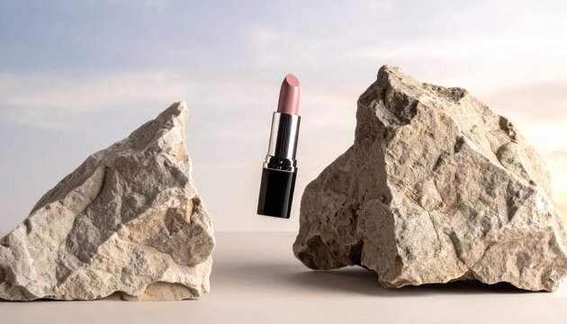 Pink lipstick tube floating between two grey rocks.