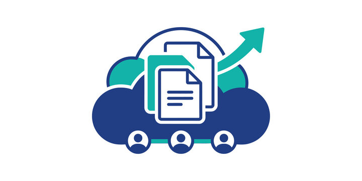 Cloud data sync flat icon blue teal graphics remote file sharing transfer.