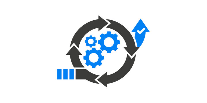Cyclical process chart with blue gears and growth arrow for strategy.