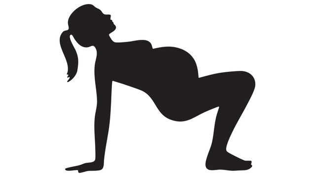 Pregnant woman silhouette in a squatting position against a white background
