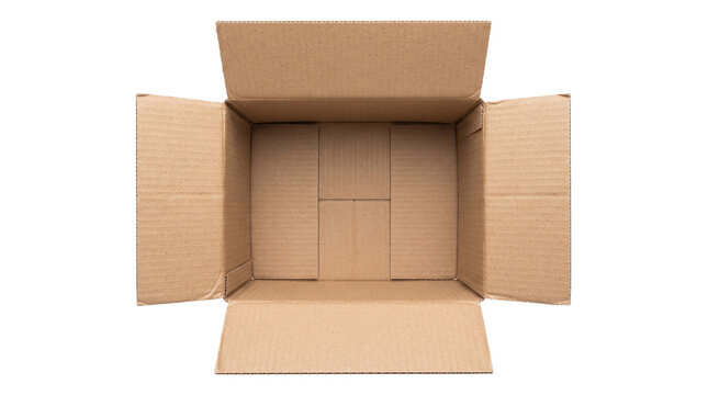 Open empty brown cardboard box viewed from above on transparent background