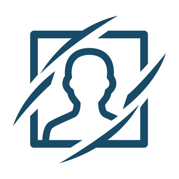 Vector dynamic human profile within rectangular frame with swoosh elements, active character avatar icon, blue linear graphic, identity and progression symbol
