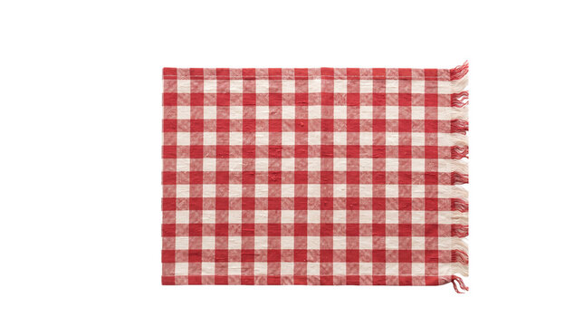 Red and white checkered cloth napkin with fringe on transparent background