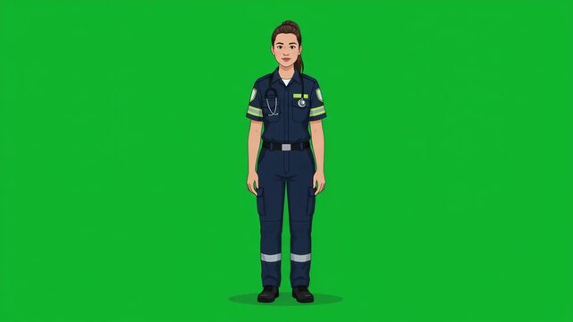 Female paramedic in uniform standing on a green screen, ready to provide medical assistance.