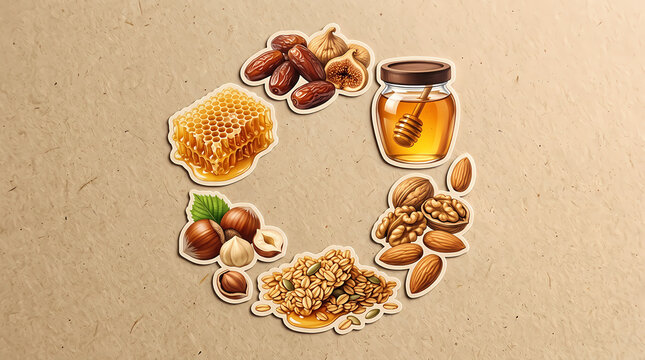Healthy honey jar with various dried fruits and assorted nuts arranged in a circle