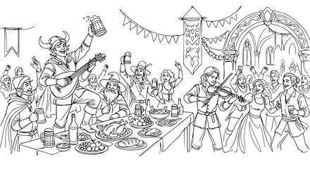 Naklejka premium Medieval Feast Celebration: Music, Dancing, and Merriment