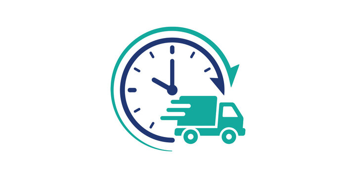 Fast delivery truck with clock icon in blue and teal for shipping needs.