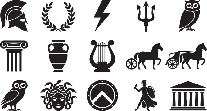 Collection of black silhouette representing ancient greek culture, featuring a spartan helmet, laurel wreath, lightning bolt, trident, owl, ionic column, amphora, lyre, chariot, and medusa