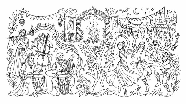 Fantasy Festival Celebration: Elves, Fairies Dancing, Music, Campfire, Castle