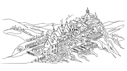 Fototapeta premium Charming European Village on Hillside with Church, Isolated