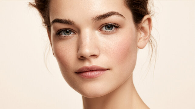 A premium beauty advertising portrait of a confident woman looking naturally toward the camera with exceptionally healthy luminous skin