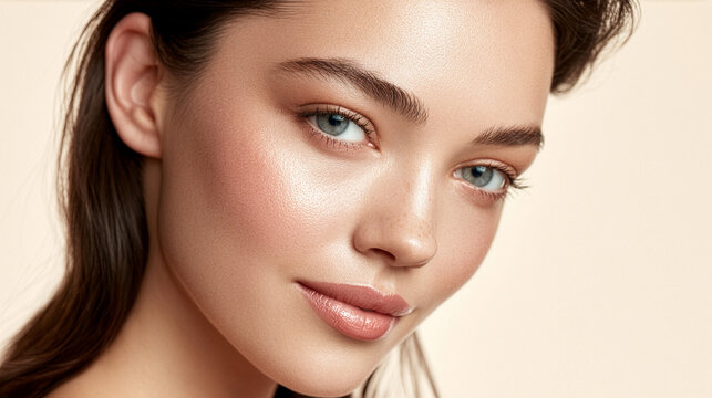 A premium beauty advertising portrait of a confident woman looking naturally toward the camera with exceptionally healthy luminous skin