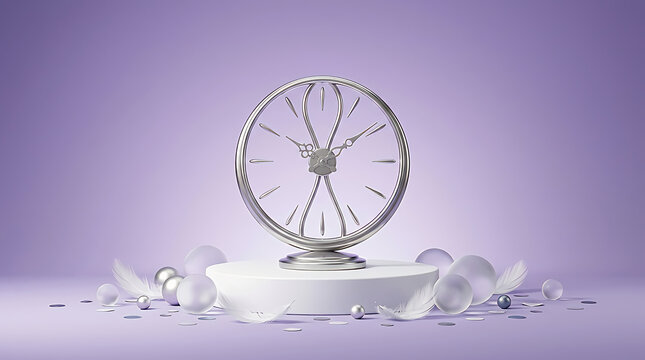 Elegant silver clock on a white pedestal with glass spheres and feathers on purple