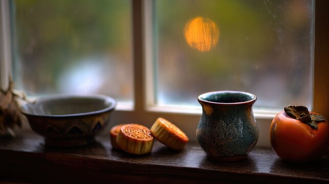 Plain mooncakes, half-moon rice cakes, ceramic tea bowl and persimmon on window ledge with full moon, harvest festival concept.